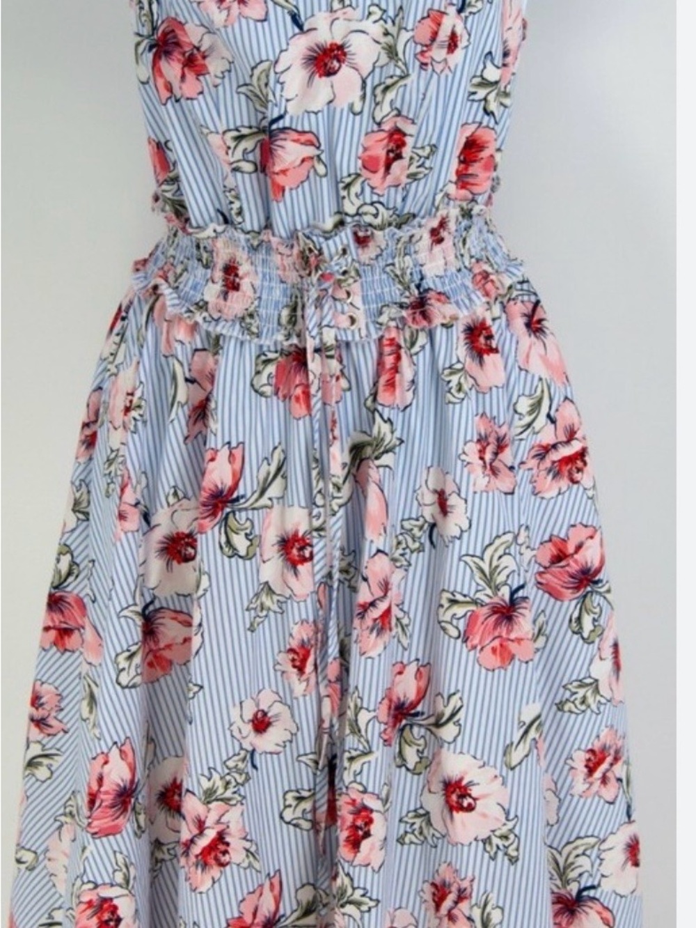 Venus floral dress Blue Striped Floral Sundress with Pink Blossoms